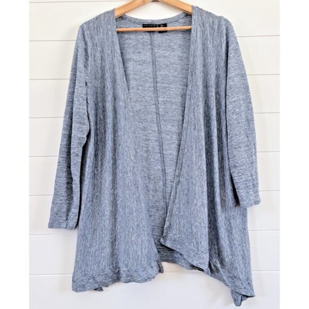 Tahari 100% Linen Slub Knit Open Front Cardigan Sweater Draped Heather Blue L